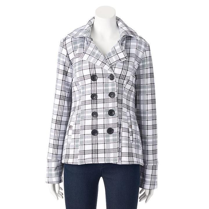 Women's Sebby Hooded Fleece Plaid Double-breasted Peacoat, Size: Small, White