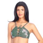 Women's Ibiza Embroidered Lace-up Bikini Top, Size: Large, Dark Green