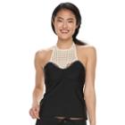 Juniors' So Natural Crochet High Neck Halter Tankini, Size: Large, Black