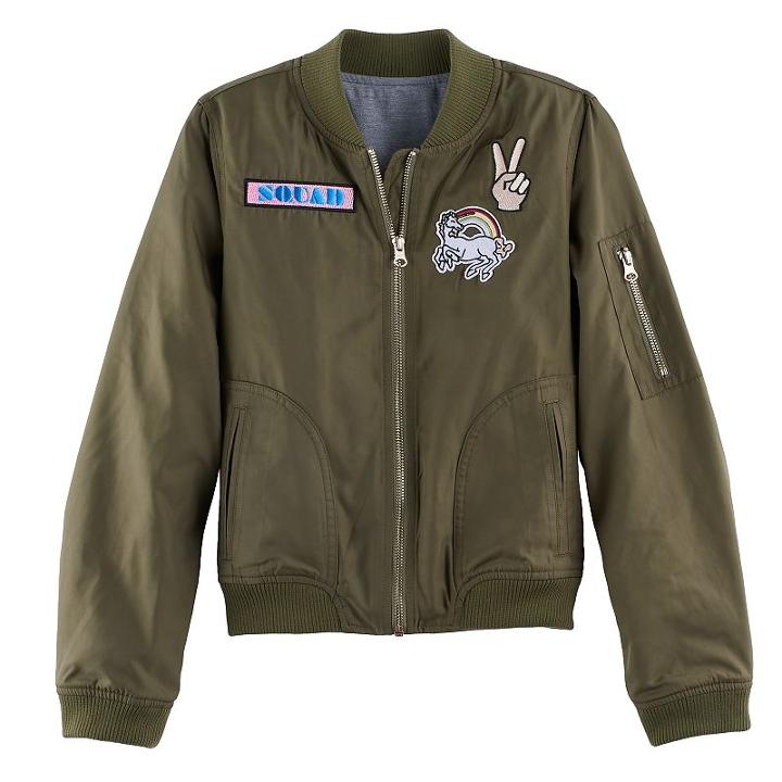 Girls 7-16 So&reg; Silky Patch Applique Bomber Jacket, Size: 10-12, Green Oth