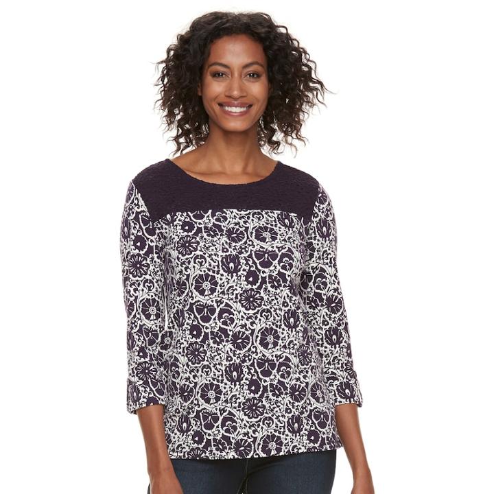 Women's Croft & Barrow&reg; Lace Yoke Popover Top, Size: Large, Drk Purple