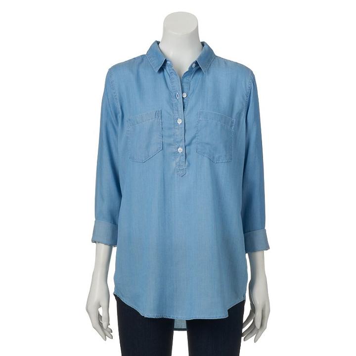 Juniors' So&reg; Chambray Tunic Henley, Girl's, Size: Large, Light Blue