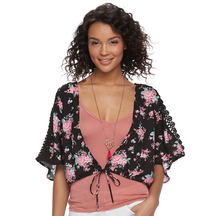 Juniors' Neon Soul Printed Kimono, Tank & Necklace Set, Teens, Size: Small, Black