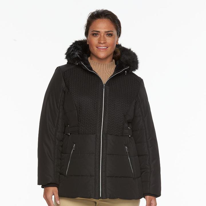 Plus Size D.e.t.a.i.l.s Hooded Chevron-stitch Puffer Jacket, Women's, Size: 1xl, Black