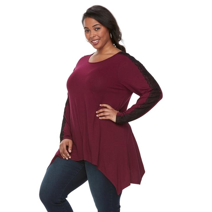 Plus Size Apt. 9&reg; Lace Sleeve Handkerchief Hem Tunic, Women's, Size: 1xl, Dark Red