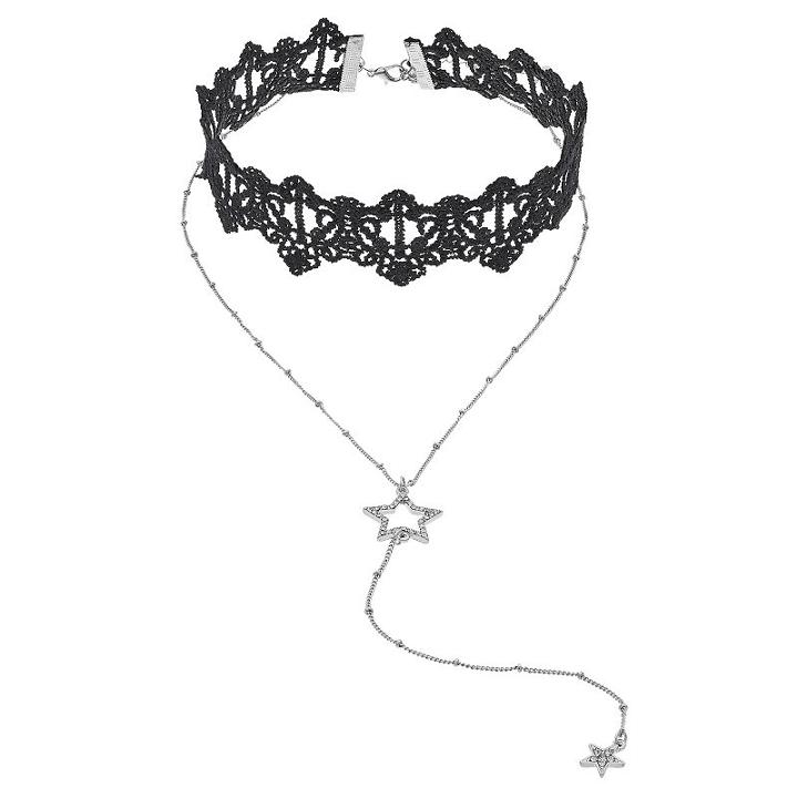 Mudd&reg; Layered Macrame Choker & Dual Star Y Necklace, Women's, Black