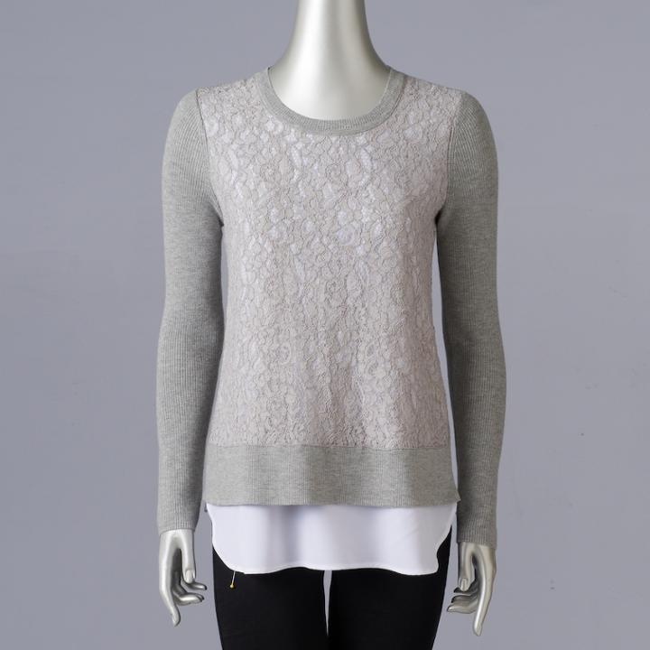 Petite Simply Vera Vera Wang Mock-layer Lace Front Top, Women's, Size: M Petite, Light Grey