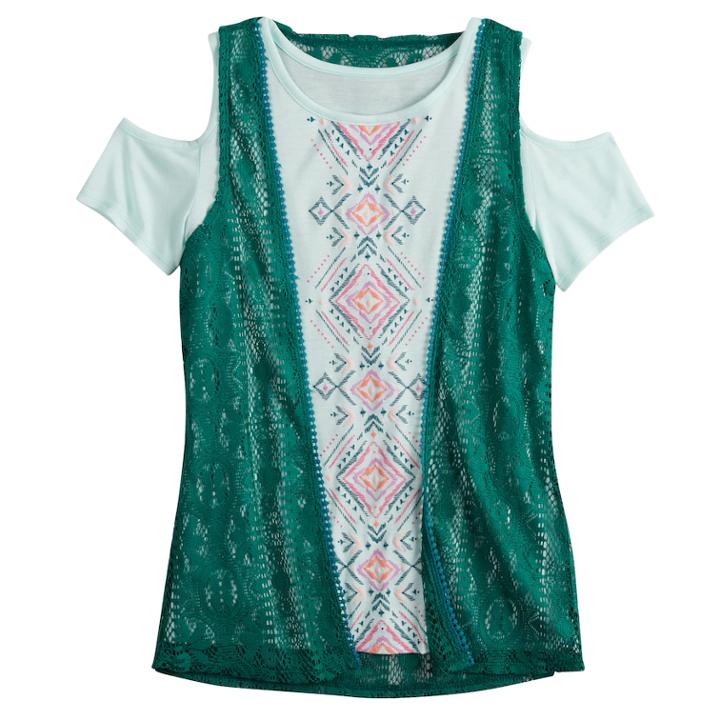 Girls 7-16 & Plus Size Mudd&reg; Cold Shoulder Graphic Print Tee & Crochet Vest Set, Size: 16, Light Blue