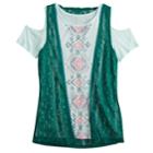 Girls 7-16 & Plus Size Mudd&reg; Cold Shoulder Graphic Print Tee & Crochet Vest Set, Size: 16, Light Blue
