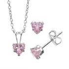 Charming Girl Sterling Silver Pink Cubic Zirconia Heart Pendant Necklace And Stud Earring Set - Made With Swarovski Zirconia - Kids, Size: 15