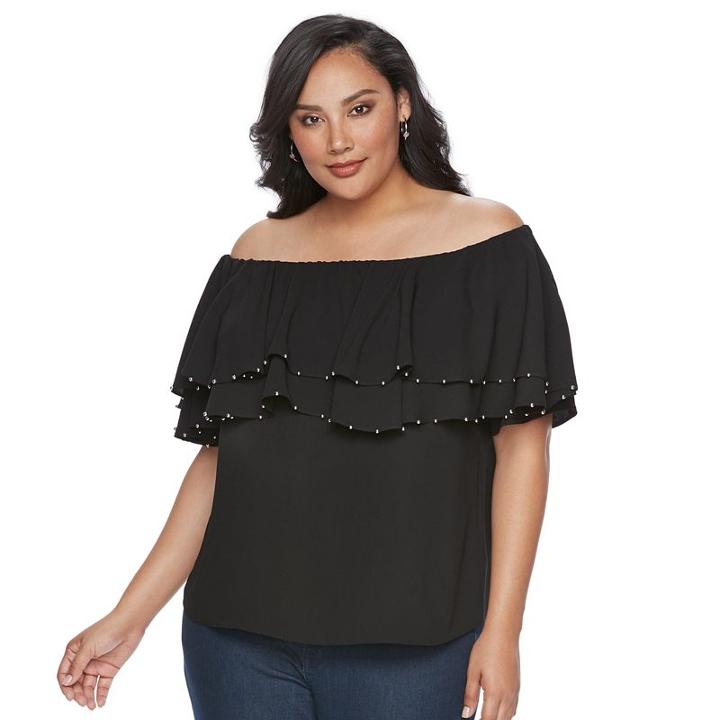 Plus Size Jennifer Lopez Off-the-shoulder Tiered Crepe Top, Women's, Size: 0x, Black