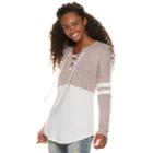 Juniors' Miss Chievous Cozy Varsity Striped Colorblock Lace-up Top, Teens, Size: Small, Dark Red