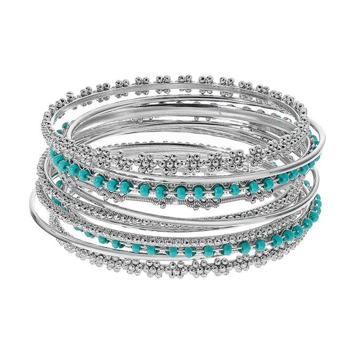 Textured Teal Bead Bangle Bracelet Set, Women's, Turq/aqua