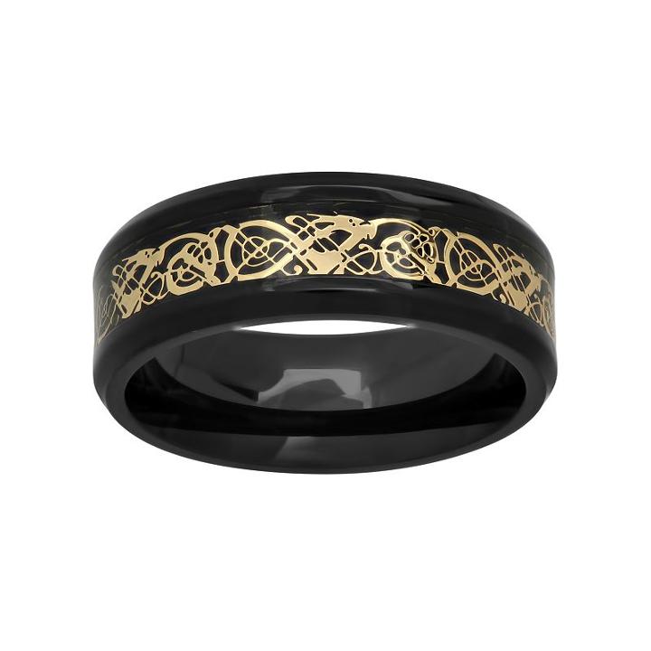 Black & Yellow Ion-plated Stainless Steel Celtic Dragon Band - Men, Size: 12.50, Multicolor