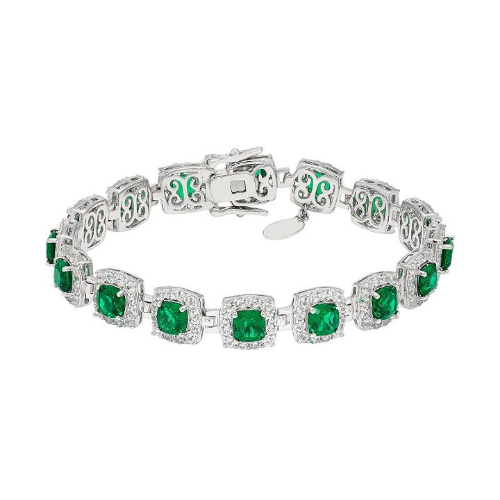 Sterling Silver Simulated Emerald & Lab-created White Sapphire Halo Bracelet, Women's, Green