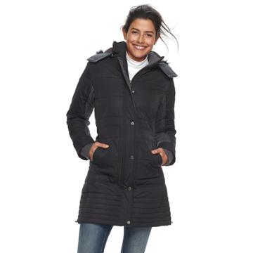 Women's Weathercast Mixed-media Faux-fur Trim Puffer Jacket, Size: Medium, Black
