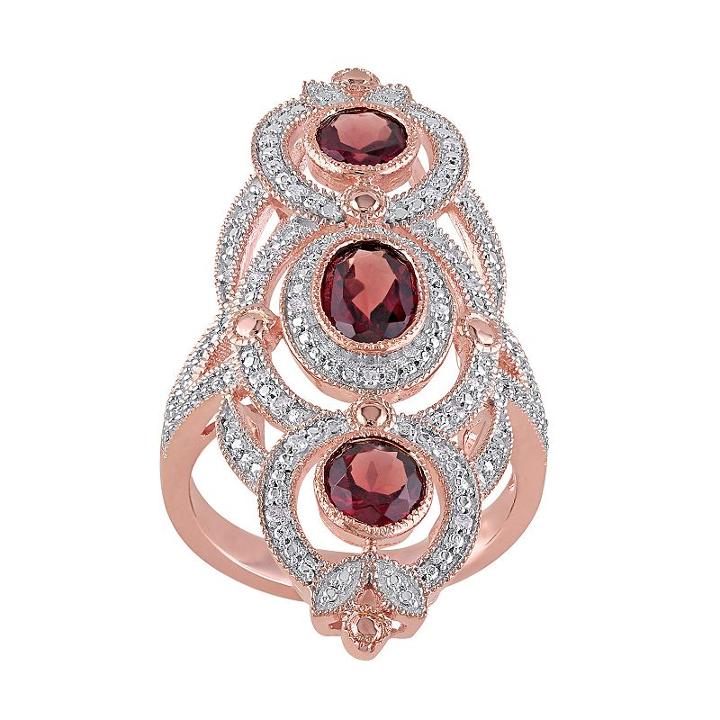 Garnet & 1/10 Carat T.w. Diamond Pink Rhodium-plated Sterling Silver 3-stone Ring, Women's, Size: 5, Red