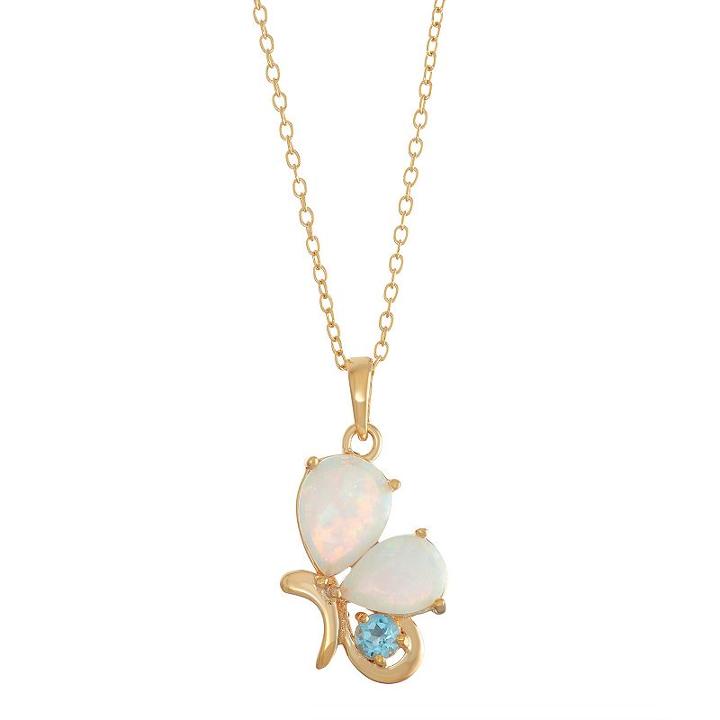 18k Gold Over Silver Swiss Blue Topaz & Lab-created White Opal Butterfly Pendant, Women's