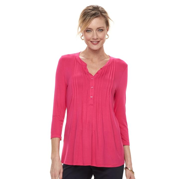 Women's Croft & Barrow&reg; Pleated Henley Top, Size: Large, Med Pink