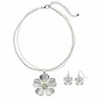 White Beaded Flower Pendant Necklace & Drop Earring Set, Women's