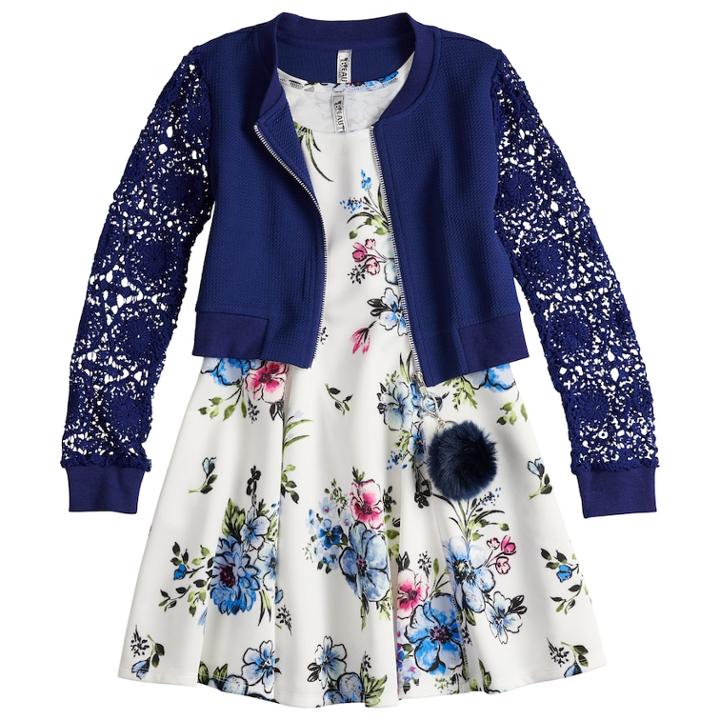 Girls 7-16 Beautees Floral Bomber Jacket & Sleeveless Dress Set With Poof Keychain, Size: 8, Blue