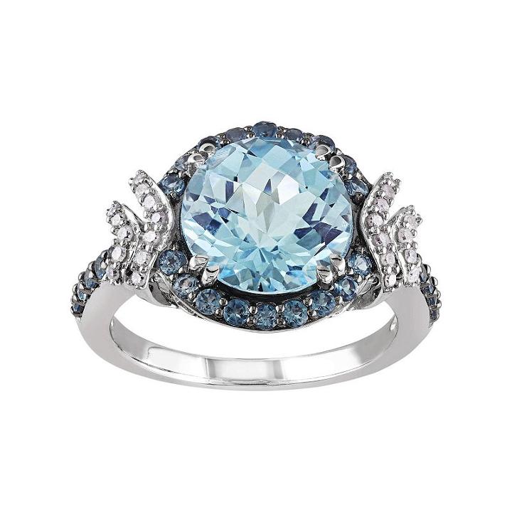 Sky Blue Topaz, London Blue Topaz & 1/8 Carat T.w. Diamond Sterling Silver Halo Ring, Women's, Size: 7