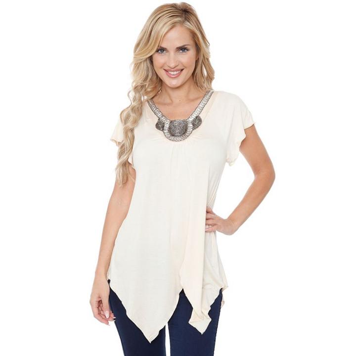 Women's White Mark Embellished Handkerchief Tee, Size: Medium, Beig/green (beig/khaki)
