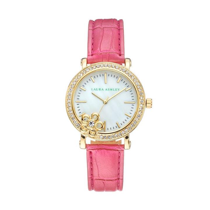 Laura Ashley Women's Crystal Leather Watch, Pink