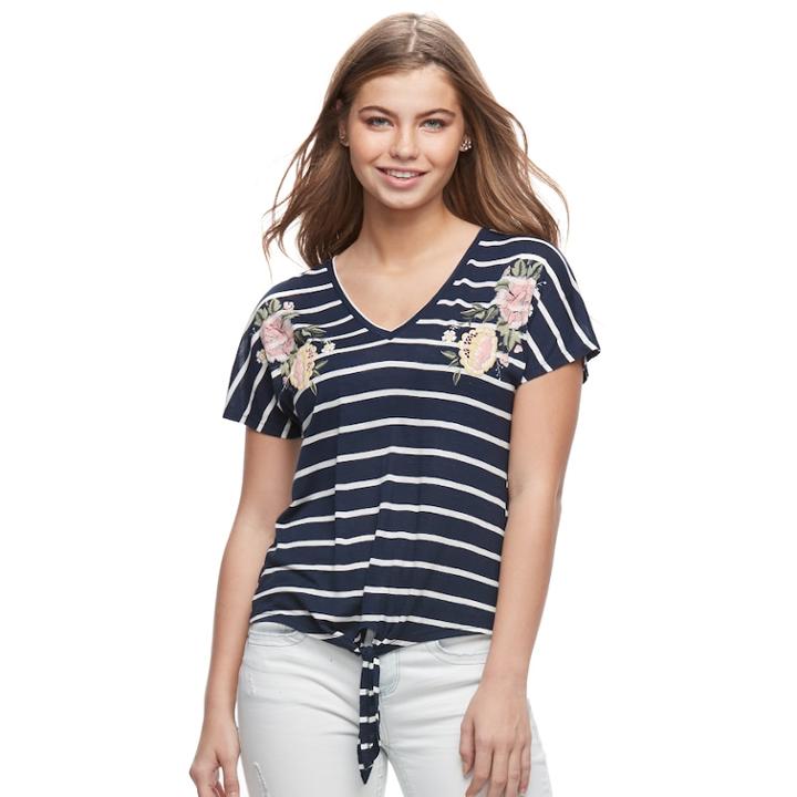 Juniors' About A Girl Embroidered Tie-front Tee, Size: Small, Blue (navy)