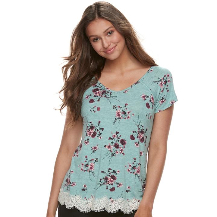 Juniors' Rewind Crochet-hem Cross-back Tee, Teens, Size: Large, Green
