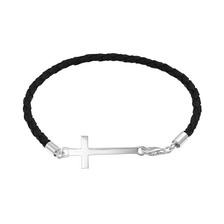 Sterling Silver Sideways Cross Link Woven Leather Bracelet, Women's, Size: 7.5, Black