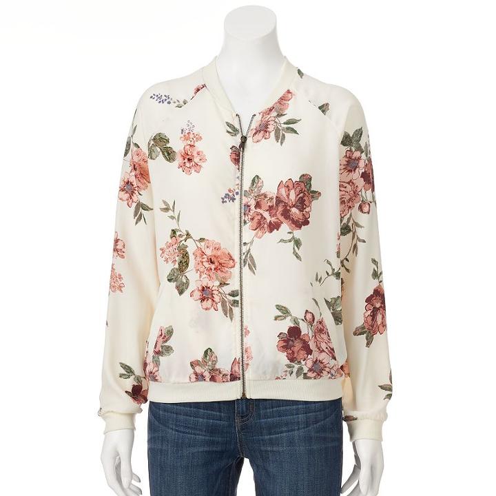 Juniors' About A Girl Print Bomber Jacket, Size: Small, Blue (navy)