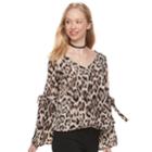 Juniors' Lily Rose Tie Sleeve V-neck Top, Teens, Size: Medium, Gray Animal