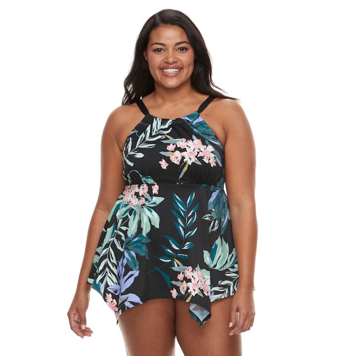 Plus Size Beach Scene Tummy Slimmer High-neck Tankini Top, Women's, Size: 16 W, Plumeria