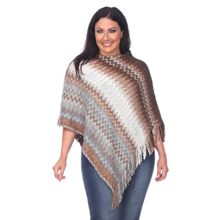 Plus Size White Mark Striped Fringe Poncho, Women's, Brown
