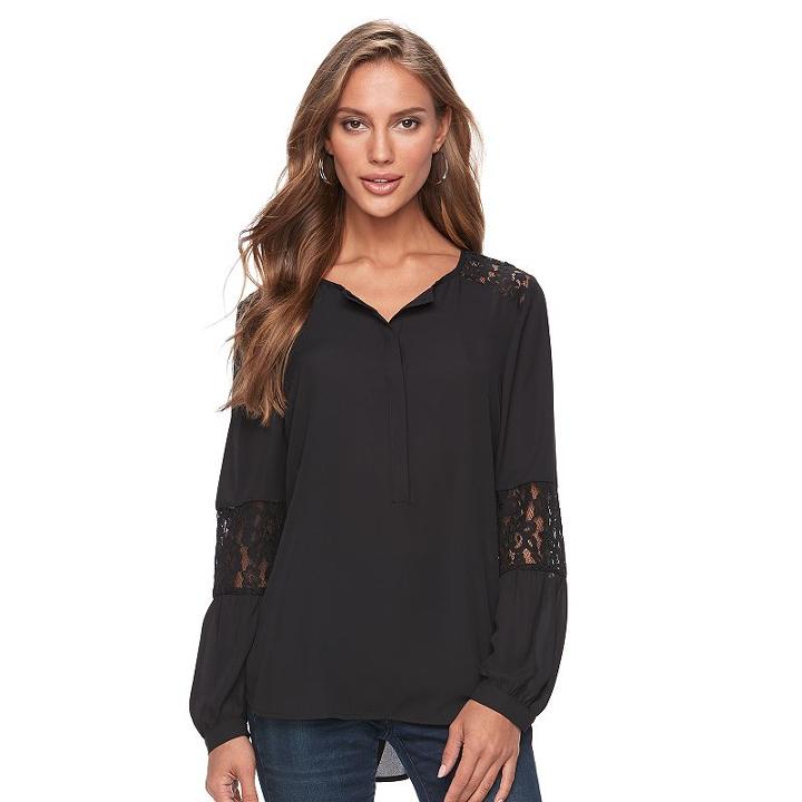 Women's Apt. 9&reg; Lace-trim Henley Top, Size: Large, Black