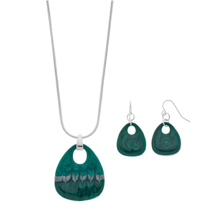 Green Swirling Guitar Pick Pendant Necklace & Drop Earring Set, Women's