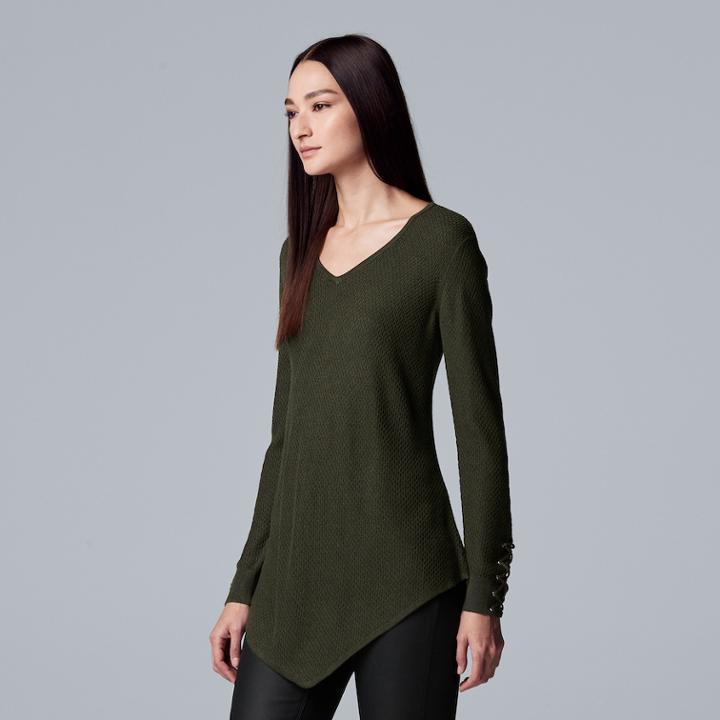Women's Simply Vera Vera Wang Lace-up Asymmetrical V-neck Sweater, Size: Medium, Dark Green