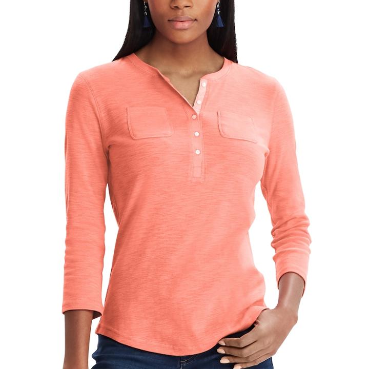 Women's Chaps 3/4-sleeve Henley, Size: Large, Orange