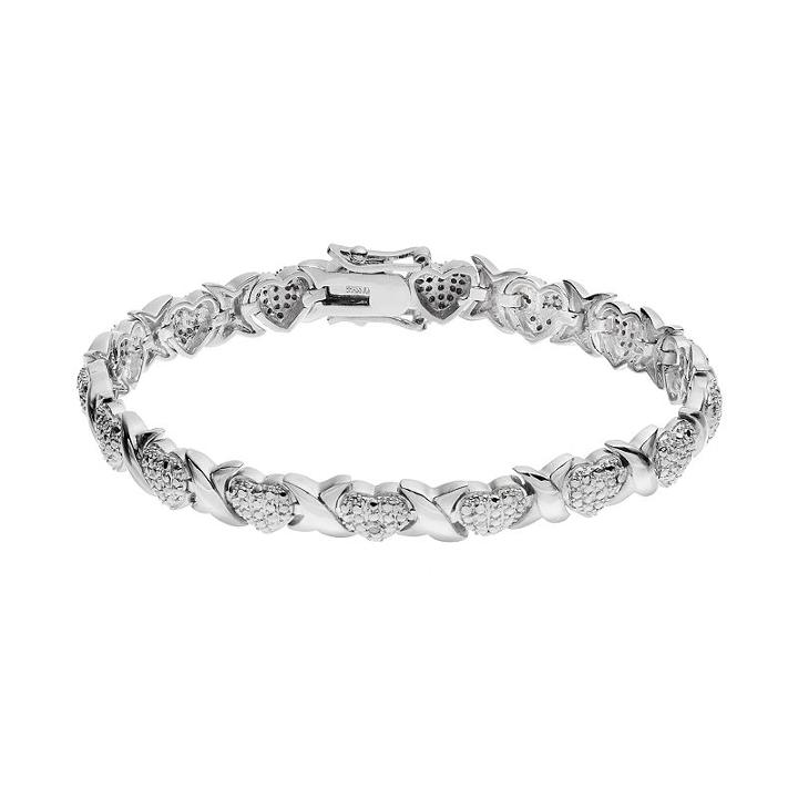 Silver Tone Heart & Twist Link Tennis Bracelet, Women's, White