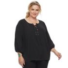 Plus Size Ab Studio Smocked Lace-up Top, Women's, Size: 1xl, Black