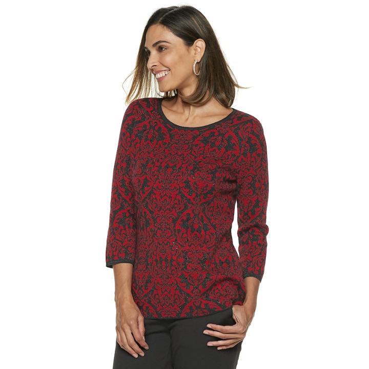 Women's Dana Buchman Scroll Jacquard Crewneck Sweater, Size: Xl, Red