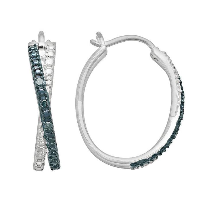 Sterling Silver 1/10-ct. T.w. Blue And White Diamond Crisscross Oval Hoop Earrings, Women's