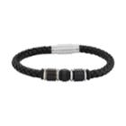 Men's Black Leather & Stainless Steel Woven Bracelet, Size: 8.5