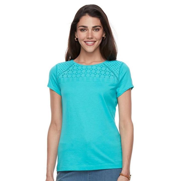 Petite Croft & Barrow&reg; Lace-yoke Crewneck Tee, Women's, Size: Xl Petite, Turquoise/blue (turq/aqua)
