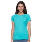 Petite Croft & Barrow&reg; Lace-yoke Crewneck Tee, Women's, Size: Xl Petite, Turquoise/blue (turq/aqua)