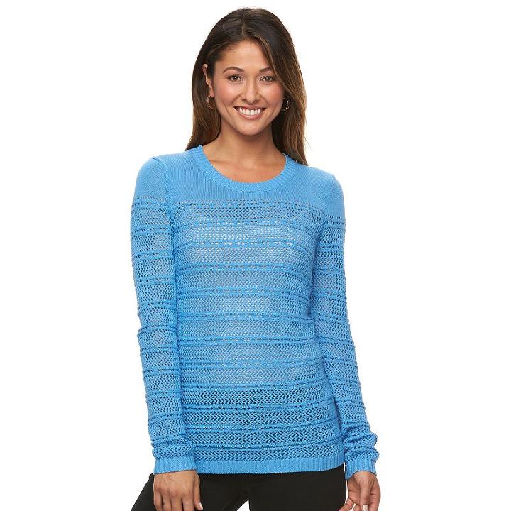 Women's Caribbean Joe Pointelle Crewneck Sweater, Size: Medium, Blue Other