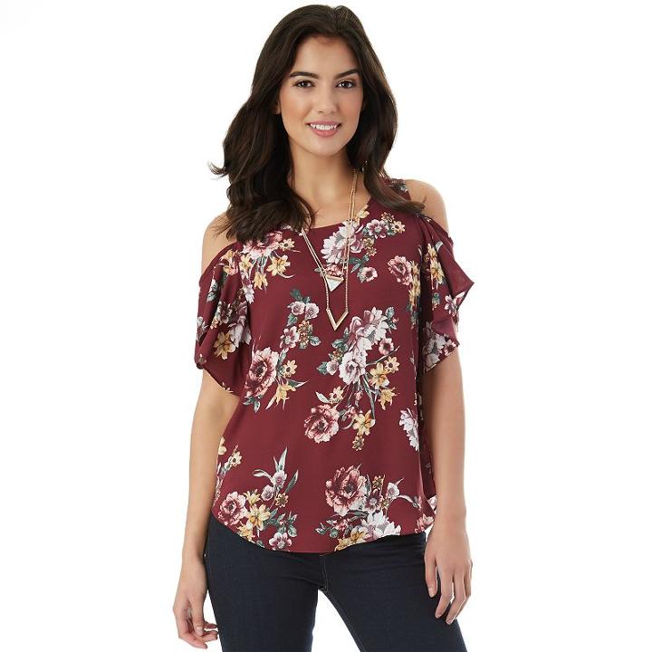 Juniors' Iz Byer California Flutter Cold Shoulder Top, Teens, Size: Medium, Bordeaux Floral