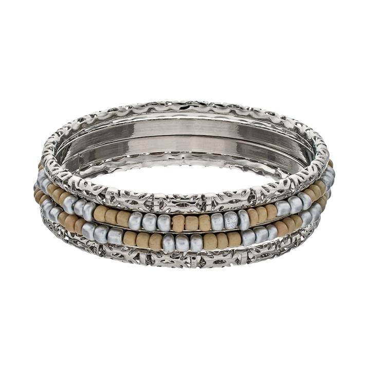 Two Tone Seed Bead Bangle Bracelet Set, Women's, Lt Brown