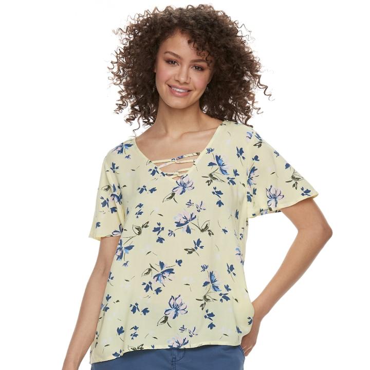 Juniors' So&reg; Lace-up Floral Flutter Sleeve Top, Teens, Size: Xs, Yellow